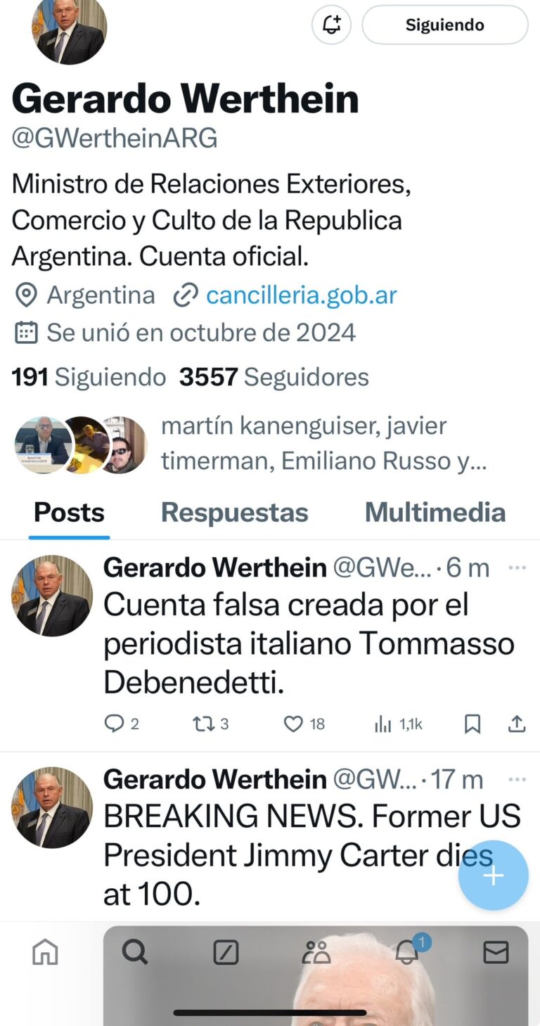 Desde una cuenta falsa del canciller Gerardo Werthein, el “asesino” de Twitter anunció la muerte de Carter