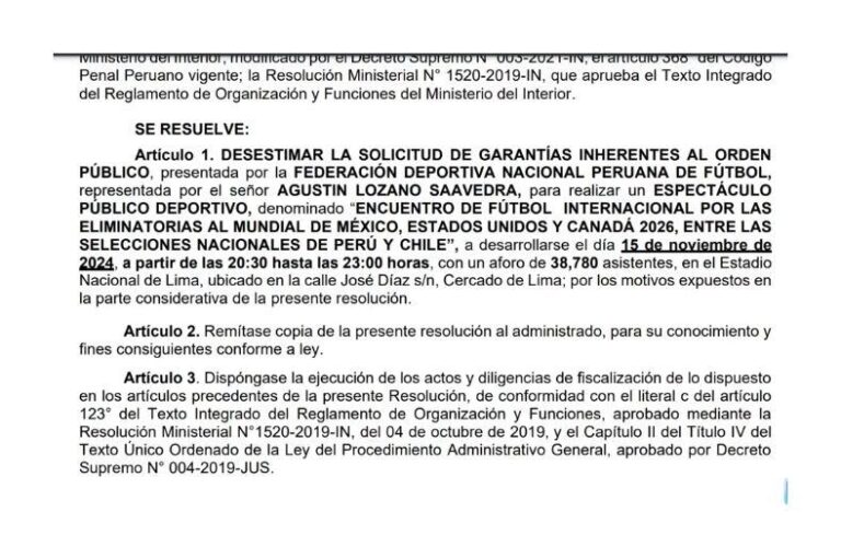 Perú vs Chile no se jugará en el Estadio Nacional: Gobierno negó garantías de seguridad para el duelo por Eliminatorias 2026 Perú vs Chile no se jugará en el Estadio Nacional: Gobierno negó garantías de seguridad para el duelo por Eliminatorias 2026