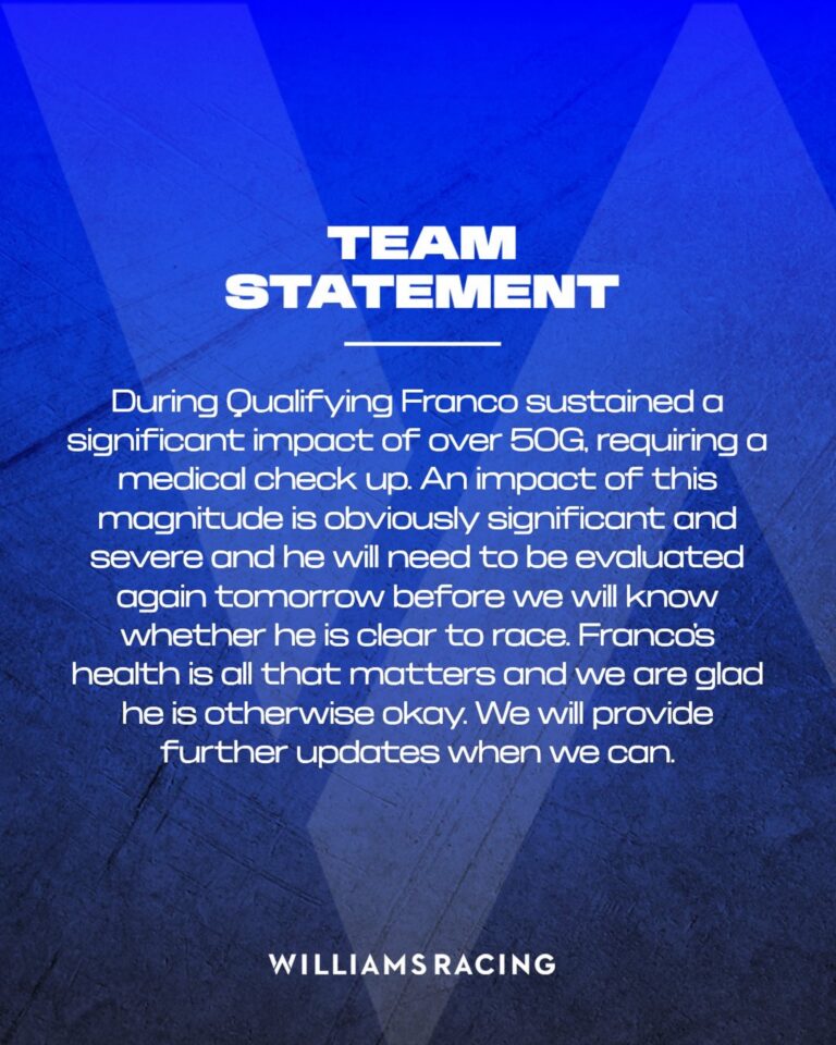 Williams puso en duda la presencia de Colapinto en el GP de Las Vegas: “Sufrió un impacto significativo, deberá ser evaluado de nuevo” Williams puso en duda la presencia de Colapinto en el GP de Las Vegas: “Sufrió un impacto significativo, deberá ser evaluado de nuevo”
