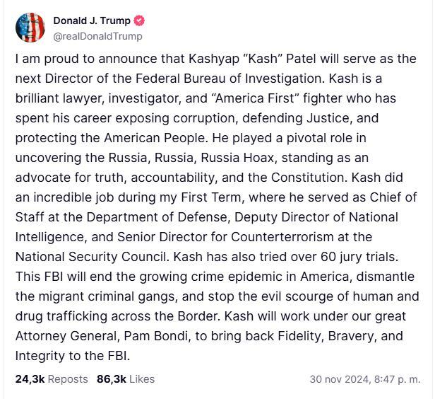 Donald Trump nombra a Kash Patel como director del FBI en un movimiento que intenta revolucionar la agencia Donald Trump nombra a Kash Patel como director del FBI en un movimiento que intenta revolucionar la agencia