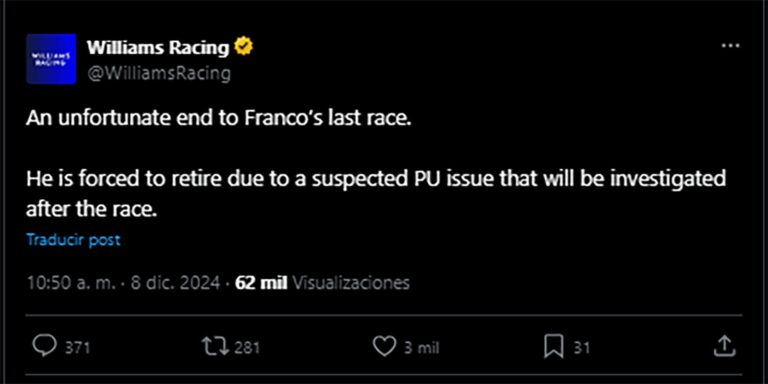 El comunicado de Williams que explicó la razón del abandono de Colapinto en Abu Dhabi: “Se investigará después de la carrera”