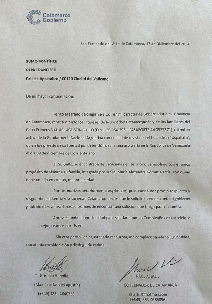 Jalil y la madre del gendarme detenido en Venezuela le enviaron una carta al Papa para que interceda Jalil y la madre del gendarme detenido en Venezuela le enviaron una carta al Papa para que interceda