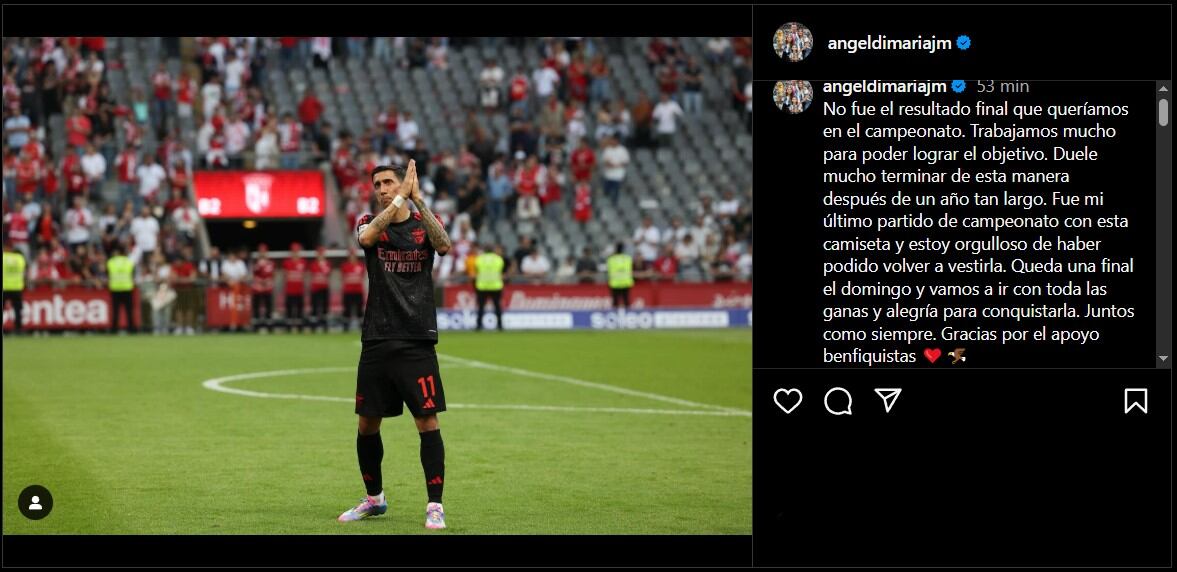 Ángel Di María anunció que se marchará del Benfica al final de la temporada