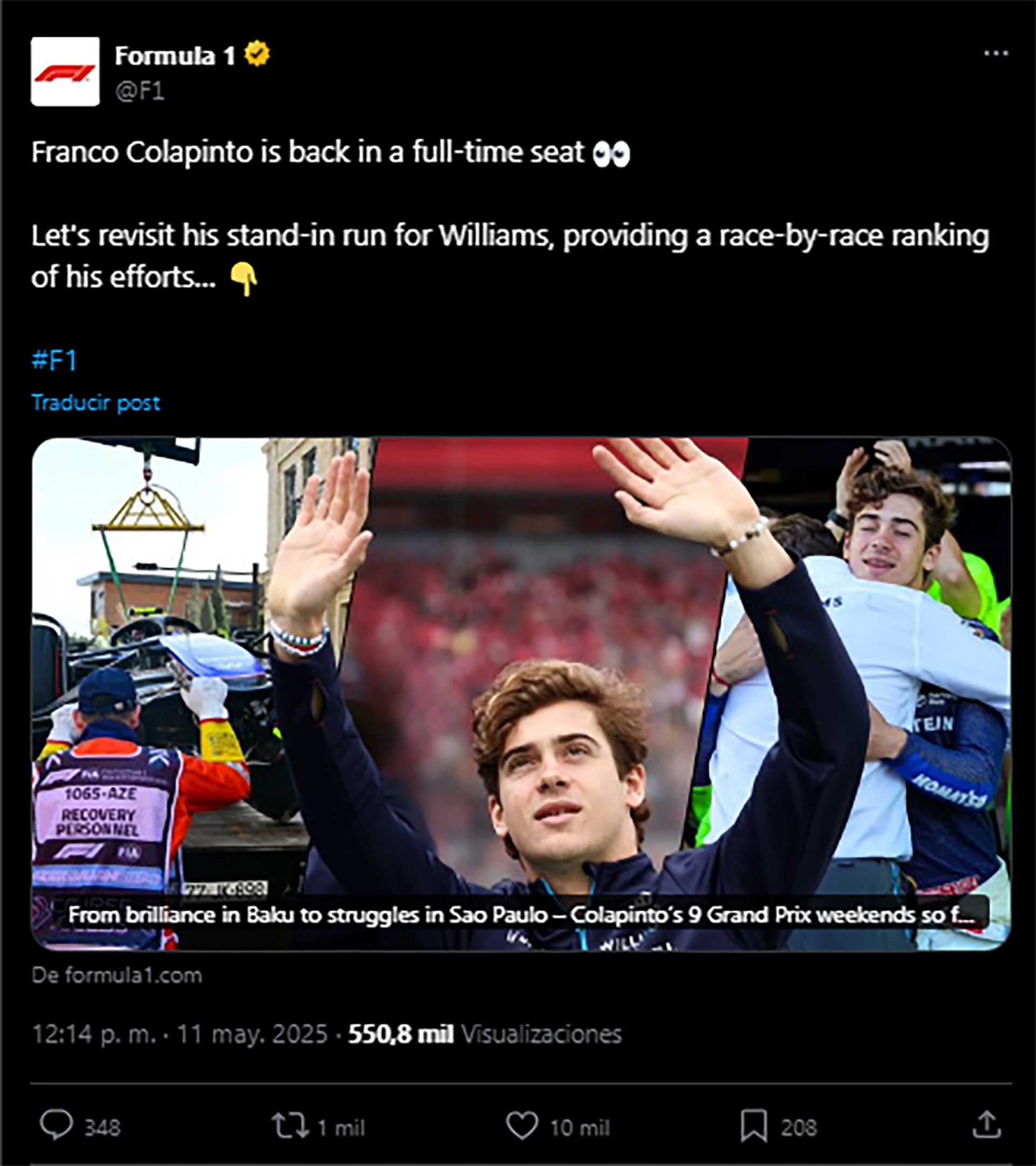 El desliz de la F1 sobre las “5 carreras” de Colapinto y la sentencia de una ex figura: “Le va a complicar la vida a Gasly”