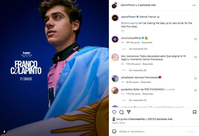 El mensaje de Bizarrap para Franco Colapinto tras ser anunciado como piloto titular de Alpine: “La bestia” El mensaje de Bizarrap para Franco Colapinto tras ser anunciado como piloto titular de Alpine: “La bestia”