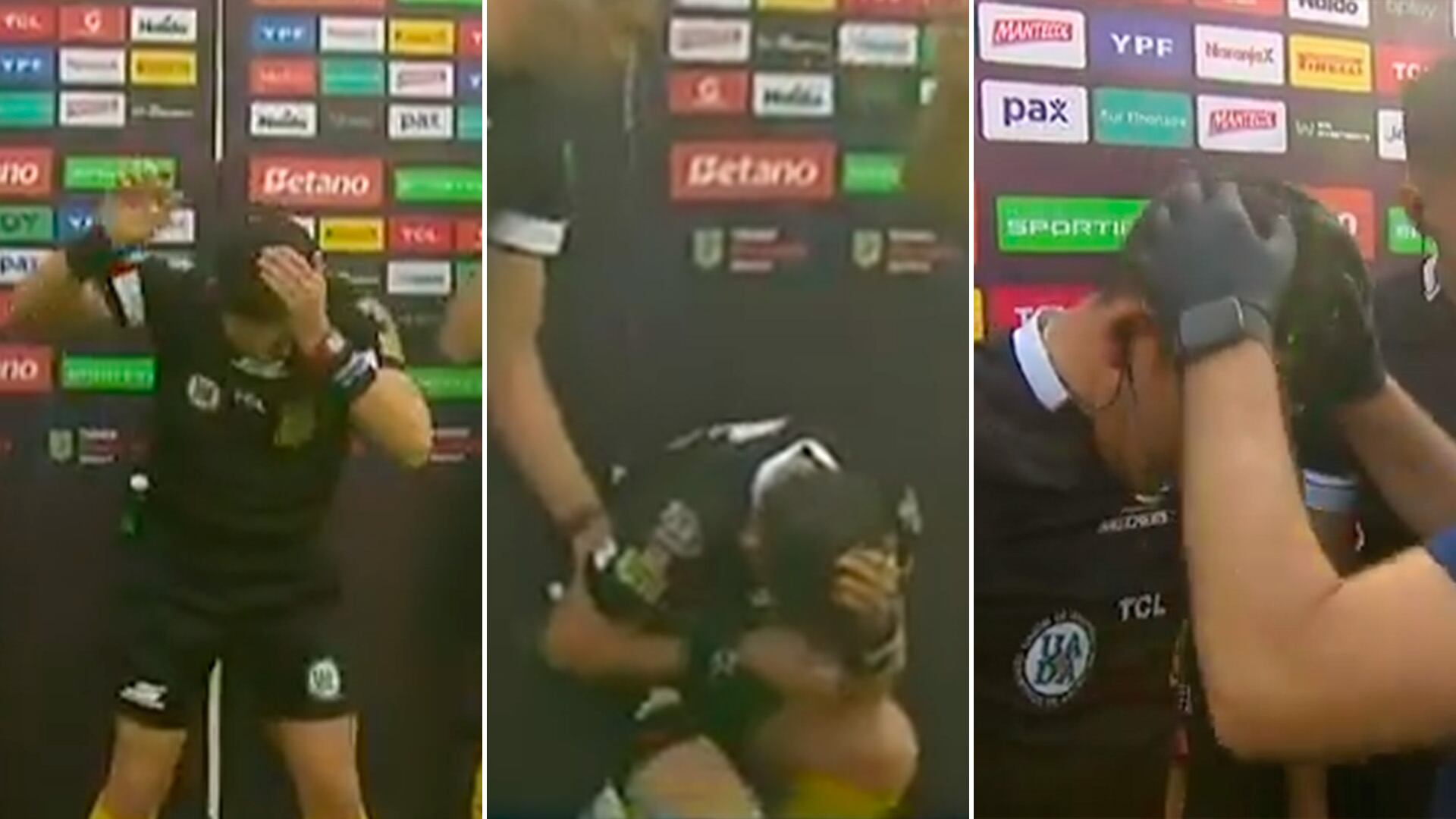 El momento en el que una esquirla de pirotecnia le cayó en la cabeza al árbitro Andres Merlos antes de Central-Estudiantes