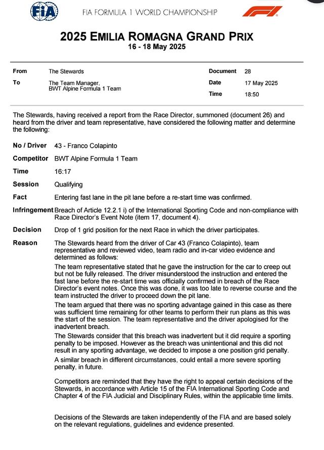 El motivo por el que Franco Colapinto fue penalizado y perdió un lugar en la grilla de salida