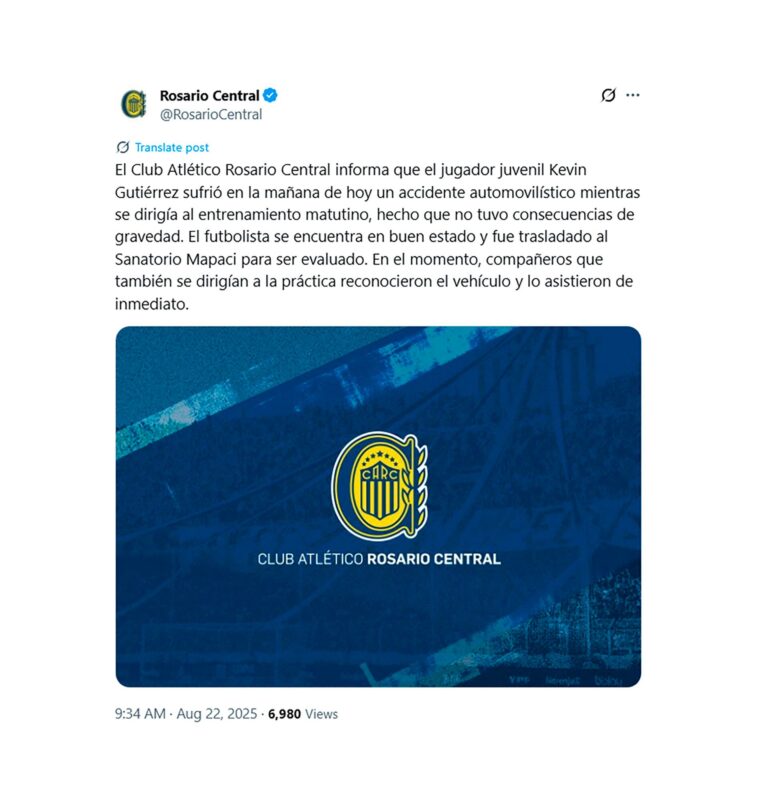 Un futbolista de Rosario Central chocó cuando se dirigía al entrenamiento: lo asistieron sus compañeros