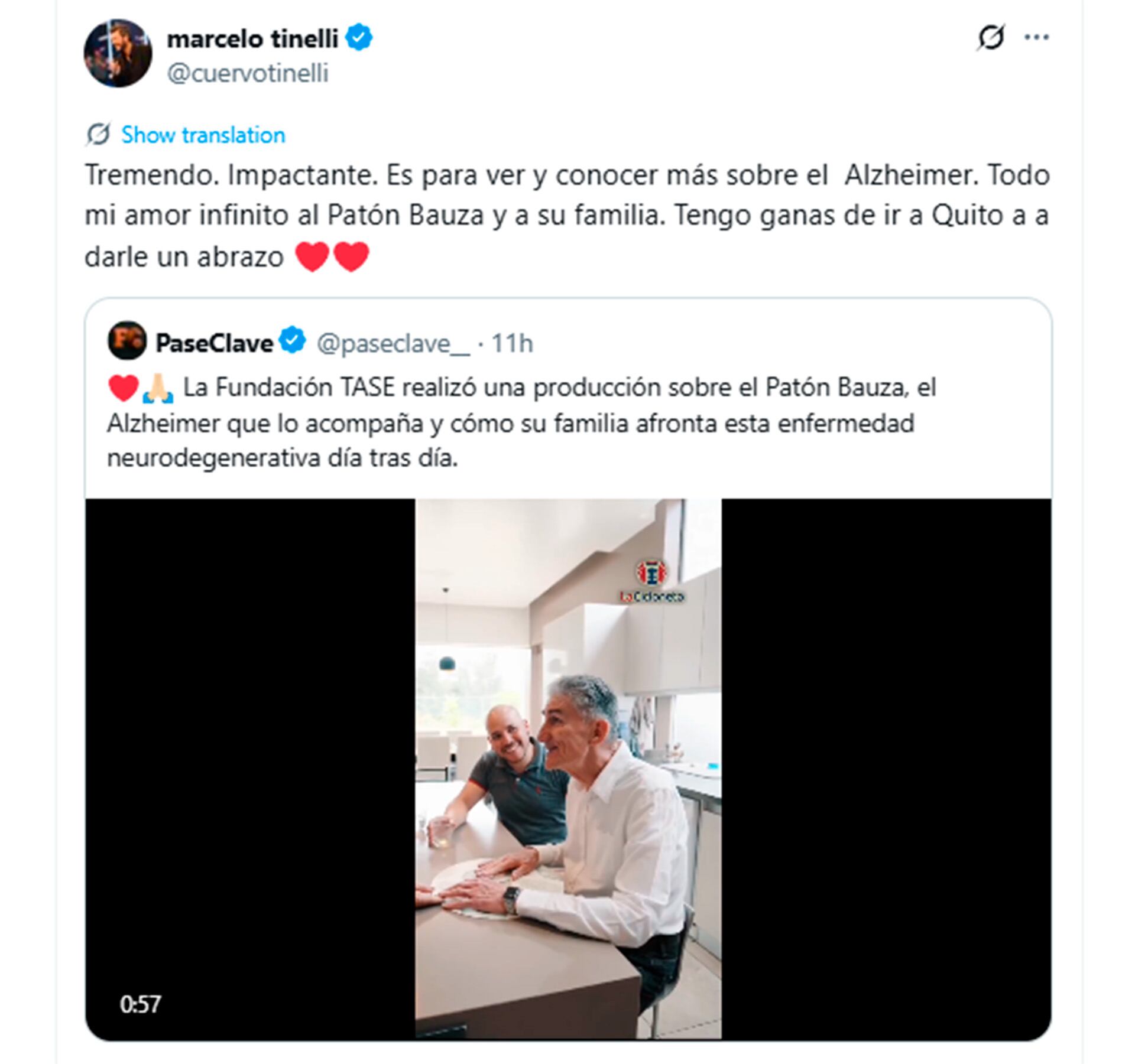 Las imágenes de la lucha del Patón Bauza contra su enfermedad neurodegenerativa: la emotiva reacción de Marcelo Tinelli